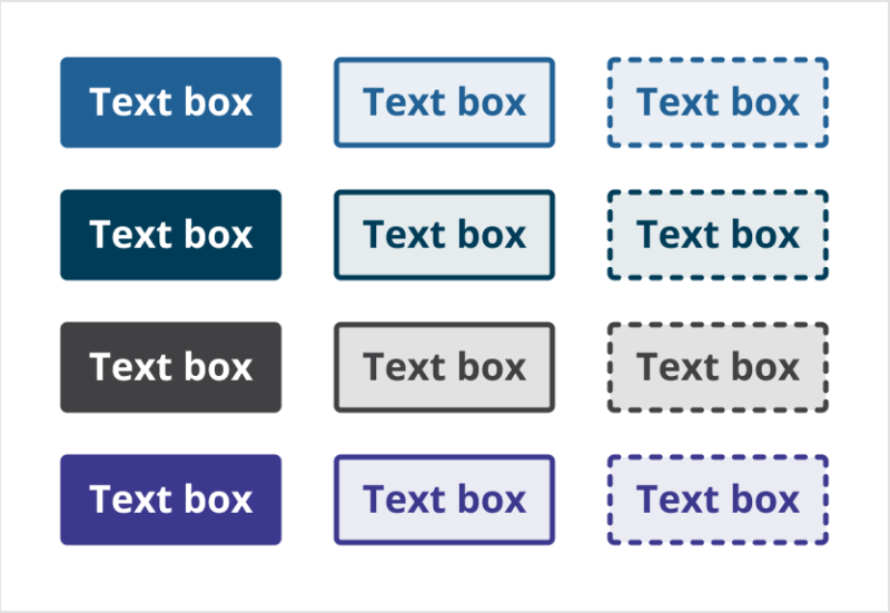 Examples of our text boxes for diagrams, with four colour options in solid, outline and dashed outline styles