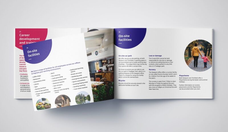 Our welcome booklet, including solid circles to highlight text and circular photographs for decoration.