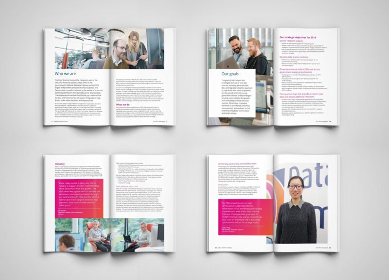 Four different pages of the Data Science Campus brochure, including photographs of colleagues working together in an office environment.