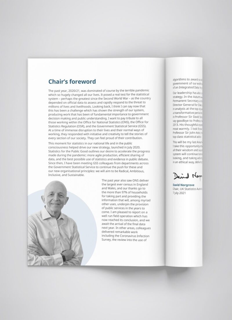 A mock-up of the inside page of a booklet, with a black and white photo of Sir David Norgrove in the bottom left corner.