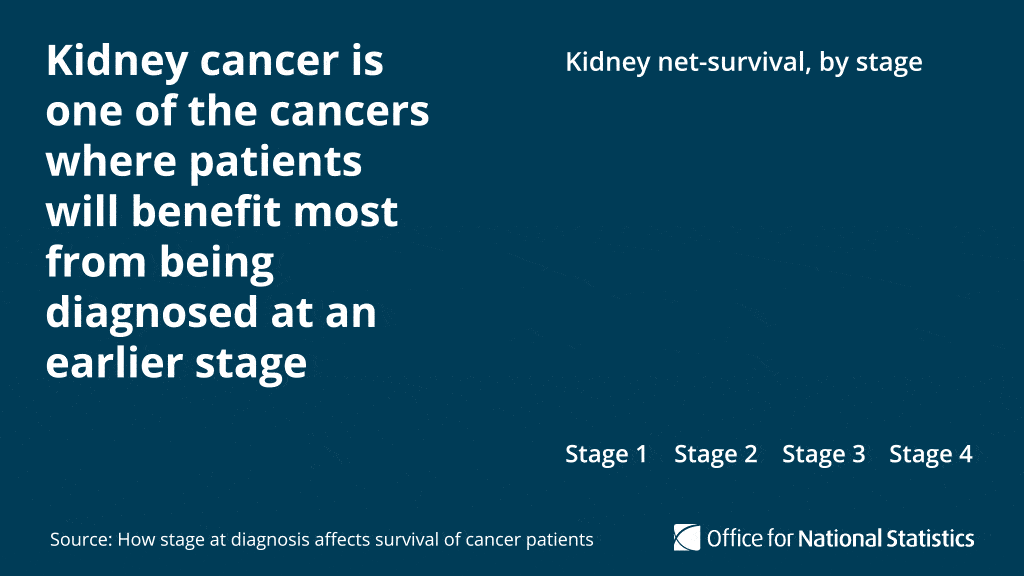 An animated bar chart for a social media graphic, showing kidney cancer net survival rate by stage.